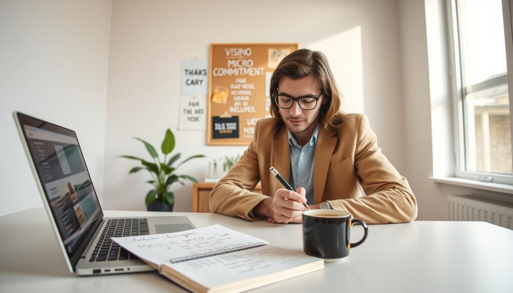 A serene and organized workspace representing productivity enhancement techniques, featuring a well-lit desk with a laptop, a notepad filled with micro-commitment tasks, and a cup of coffee. In the foreground, a focused individual in smart casual attire is writing down goals with a look of determination. In the middle, a vision board on the wall displays motivational quotes and visual reminders, symbolizing progress and commitment. The background features a plant for a touch of nature and a window letting in soft, natural light, creating an inviting and inspiring atmosphere. The angle captures a slight overhead view, emphasizing the clutter-free and motivating environment. The mood is aspirational and energetic, promoting a sense of focus and achievement.