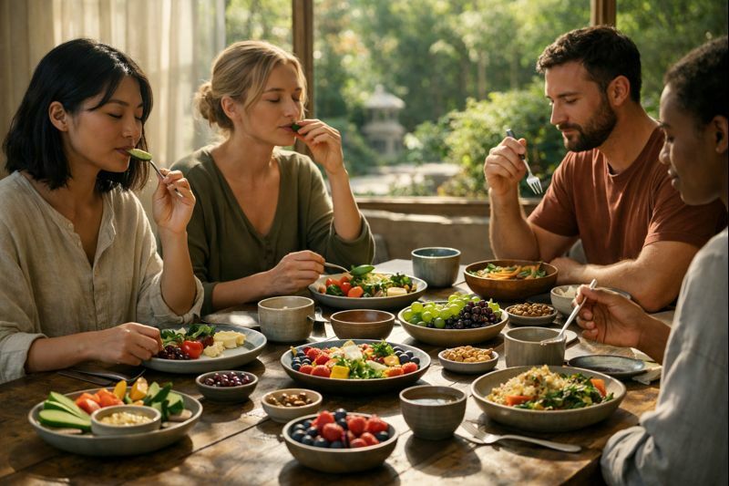 A serene dining table set for a mindful eating experience, featuring an array of colorful, fresh fruits and vegetables artfully arranged on handcrafted ceramic plates. In the foreground, a diverse group of individuals in modest casual clothing are engaged in slow, intentional eating, savoring each bite with expressions of calm and focus. The middle ground showcases natural light streaming through large windows, creating a warm, inviting atmosphere. Soft shadows dance across the table, emphasizing the textures of the food. In the background, a peaceful garden view can be seen, enhancing the feeling of tranquility. The mood is reflective and nurturing, conveying the essence of mindful eating techniques for weight management, highlighting the importance of awareness and appreciation for each meal.