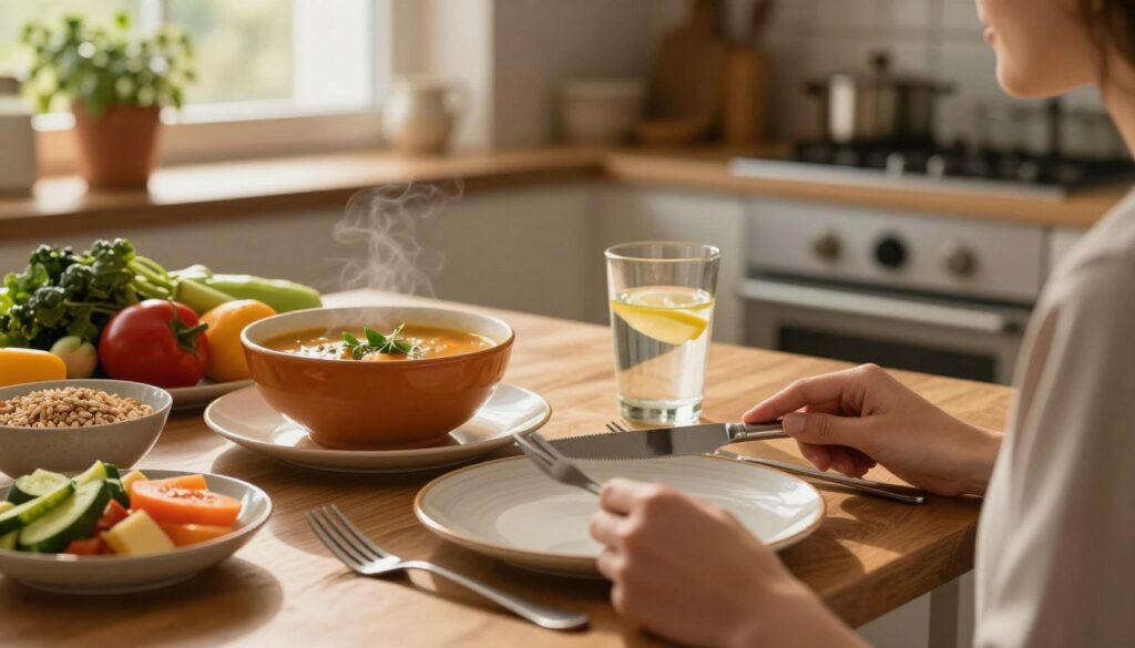 A serene dining table set for a mindful meal, featuring a variety of colorful, healthy foods like fresh fruits, vegetables, and whole grains. In the foreground, a pair of hands gently holding a fork and knife, poised above a beautiful plate, representing attentiveness. The middle ground highlights a warm bowl of soup and a glass of water with a slice of lemon, symbolizing simplicity and hydration. The background showcases a softly lit kitchen with herbs on the windowsill, creating a cozy atmosphere. The lighting is warm and inviting, akin to evening sunlight filtering through the window. The overall mood is calm and focused, reflecting the essence of mindful eating in a busy lifestyle, emphasizing the importance of slowing down.