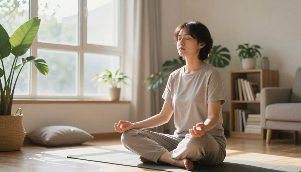 A serene indoor setting featuring a person practicing the 4-7-8 breathing technique. The foreground shows a calm individual sitting cross-legged on a yoga mat, dressed in comfortable, modest casual clothing, eyes closed, in a meditative pose. In the middle, soft rays of natural light stream through a large window, illuminating the space and creating a tranquil atmosphere. Surrounding the individual, there are elements like indoor plants, a bookshelf filled with wellness books, and gentle, soothing colors on the walls to enhance the sense of calm. The background features a cozy living room setting with soft cushions and a peaceful ambiance, emphasizing relaxation and mindfulness. The mood is tranquil, promoting a sense of serenity and inner peace, perfect for illustrating a breathing technique. A serene indoor setting featuring a person practicing the 4-7-8 breathing technique. The foreground shows a calm individual sitting cross-legged on a yoga mat, dressed in comfortable, modest casual clothing, eyes closed, in a meditative pose. In the middle, soft rays of natural light stream through a large window, illuminating the space and creating a tranquil atmosphere. Surrounding the individual, there are elements like indoor plants, a bookshelf filled with wellness books, and gentle, soothing colors on the walls to enhance the sense of calm. The background features a cozy living room setting with soft cushions and a peaceful ambiance, emphasizing relaxation and mindfulness. The mood is tranquil, promoting a sense of serenity and inner peace, perfect for illustrating a breathing technique.