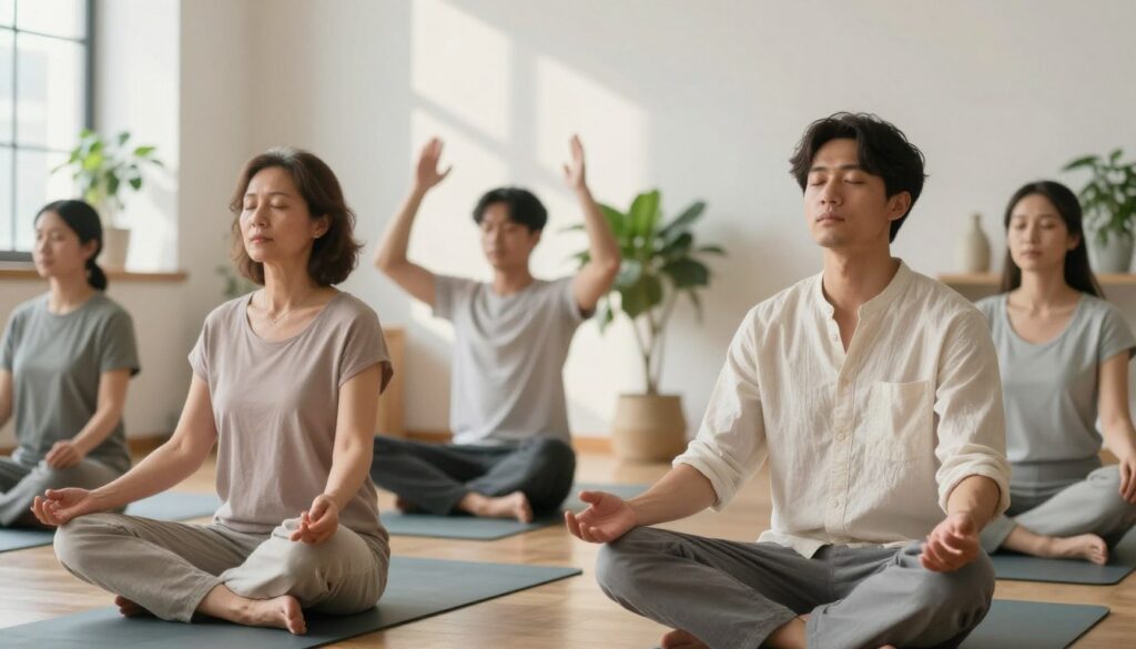 A serene indoor setting showcasing a diverse group of individuals practicing breathwork techniques. In the foreground, a relaxed middle-aged woman in comfortable yoga attire sits cross-legged on a soft mat, her eyes gently closed, inhaling deeply. Beside her, a young man in a light, breathable shirt demonstrates a breathing technique, his posture upright and focused. In the middle ground, another participant stands with arms raised, symbolizing openness and vulnerability. The background features soft, diffused natural light filtering through large windows, casting gentle shadows on calming plants and minimalist decor. The atmosphere feels tranquil and supportive, capturing the essence of mindfulness and connection to self. A serene indoor setting showcasing a diverse group of individuals practicing breathwork techniques. In the foreground, a relaxed middle-aged woman in comfortable yoga attire sits cross-legged on a soft mat, her eyes gently closed, inhaling deeply. Beside her, a young man in a light, breathable shirt demonstrates a breathing technique, his posture upright and focused. In the middle ground, another participant stands with arms raised, symbolizing openness and vulnerability. The background features soft, diffused natural light filtering through large windows, casting gentle shadows on calming plants and minimalist decor. The atmosphere feels tranquil and supportive, capturing the essence of mindfulness and connection to self.