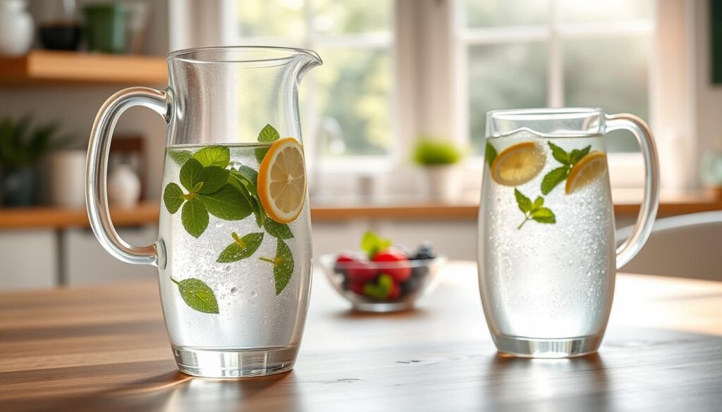 A serene morning setting in a bright, sunlit kitchen, featuring a clear glass water pitcher filled with sparkling water, surrounded by fresh mint leaves and sliced lemon, creating an inviting hydration scene. In the foreground, a modern wooden table holds a sleek, stylish glass filled with the infused water, condensation glistening on its surface. The middle ground showcases a small bowl of vibrant berries, symbolizing health. In the background, a large window allows the soft morning light to cascade in, illuminating the scene with a warm glow. The atmosphere is refreshing and energizing, evoking a sense of renewal and vitality, perfect for starting the day right. Capture this moment with a soft focus lens that enhances the brightness and freshness of the morning.