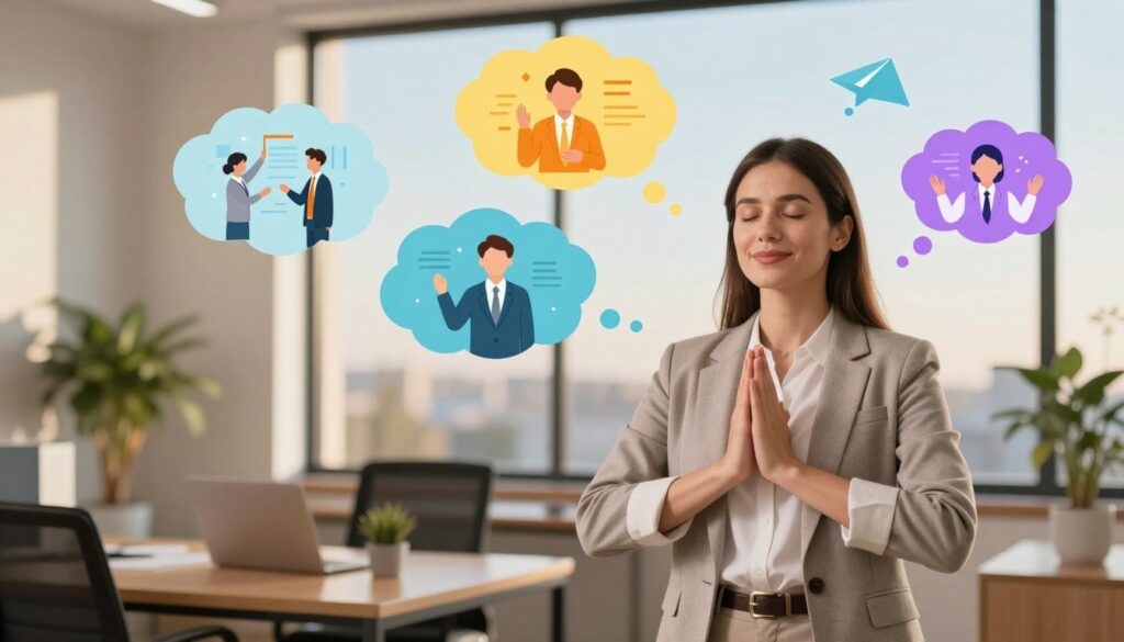A serene office environment depicting a confident business professional standing in a positive visualization pose, eyes closed and a gentle smile on their face. In the foreground, the individual wears smart casual attire, conveying a sense of professionalism and calm. In the middle ground, vibrant thought bubbles illustrate their envisioned successes: a successful presentation, achieving personal goals, and calm public speaking scenarios. The background features soft, warm lighting that creates an inviting atmosphere, with elements like plants or a window view showcasing a bright, clear sky. The image captures the essence of empowerment and tranquility, symbolizing the journey of overcoming fear through systematic desensitization and visualization techniques. A serene office environment depicting a confident business professional standing in a positive visualization pose, eyes closed and a gentle smile on their face. In the foreground, the individual wears smart casual attire, conveying a sense of professionalism and calm. In the middle ground, vibrant thought bubbles illustrate their envisioned successes: a successful presentation, achieving personal goals, and calm public speaking scenarios. The background features soft, warm lighting that creates an inviting atmosphere, with elements like plants or a window view showcasing a bright, clear sky. The image captures the essence of empowerment and tranquility, symbolizing the journey of overcoming fear through systematic desensitization and visualization techniques.