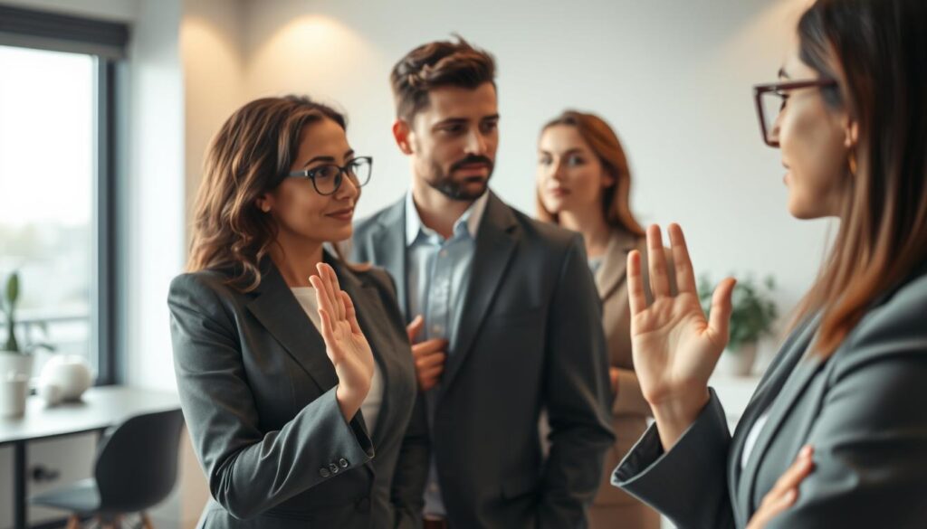A serene office setting featuring a diverse group of professionals engaged in a gentle yet meaningful conversation. In the foreground, a woman in a tailored business suit exemplifies gracious refusal techniques, her hands poised with a calming gesture, embodying kindness and firmness. In the middle, a man in a smart-casual outfit nods, visibly understanding and respectful. Soft, natural lighting floods the room, creating a warm, inviting atmosphere. The background showcases a calm workspace with minimalistic decor, fostering a sense of professional dialogue. The overall mood is one of respect and clarity, highlighting the art of setting boundaries while maintaining a constructive conversation. The angle is slightly elevated, providing a clear view of the interactions without distractions.