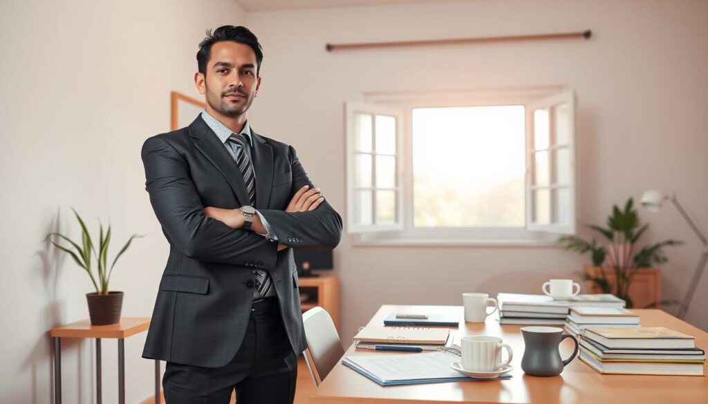 A serene yet empowering scene depicting the concept of "habit setback recovery." In the foreground, a person in professional business attire stands confidently, arms crossed, displaying determination and focus. Their expression conveys resilience. In the middle ground, a well-organized desk is filled with planners, a cup of coffee, and motivational books, symbolizing planning and reflection. The background features a bright, open window flooding the room with natural light, symbolizing new beginnings. Soft, uplifting colors dominate the palette, creating a hopeful and inspiring atmosphere. The lighting is warm and inviting, suitable for a motivational setting. The composition is captured from a slightly elevated angle, enhancing the sense of overcoming challenges while embracing opportunity.