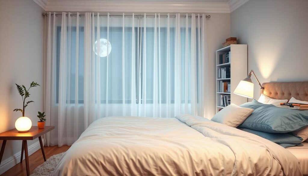 A tranquil bedroom scene designed for optimal sleep environment, featuring a cozy king-size bed with soft, layered bedding in soothing blue and white tones. In the foreground, a bedside table holds a small potted plant and an ambient light lamp emitting a soft, warm glow. The middle ground includes sheer curtains gently blowing in from an open window, letting in moonlight and creating a calming atmosphere. In the backdrop, walls painted in soft pastels complement the serene vibe. A plush area rug adds warmth, while a bookshelf lined with books on wellness and sleep science is subtly visible. The overall lighting is soft and inviting, casting gentle shadows that enhance the peaceful mood of this sleep-focused environment.