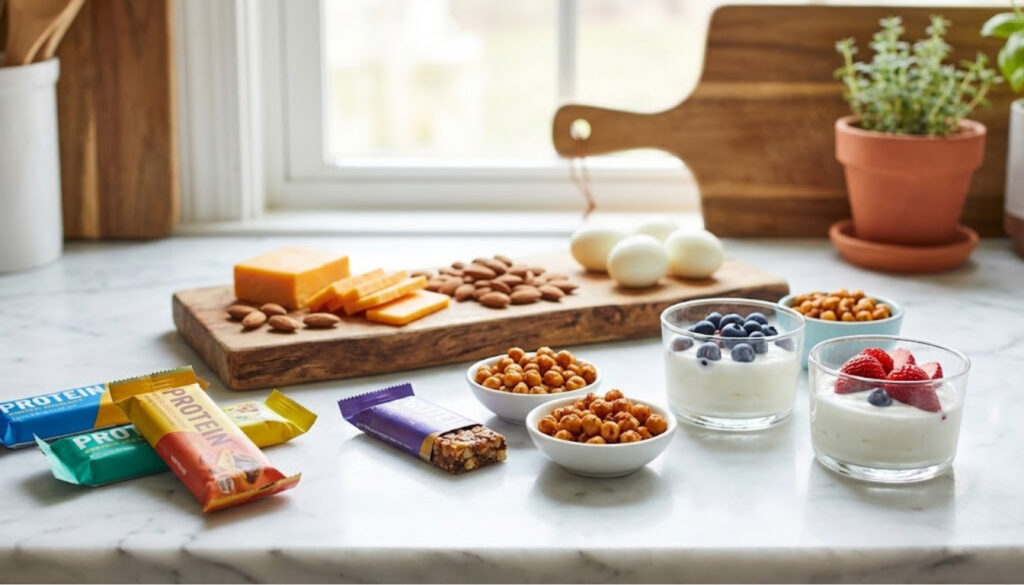 A vibrant, visually appealing assortment of high-protein snacks arranged on a white marble countertop. In the foreground, feature a variety of snacks such as colorful protein bars, roasted chickpeas, and Greek yogurt cups garnished with fresh berries. In the middle ground, showcase an artisanal cheese platter with slices of cheddar and almonds, alongside hard-boiled eggs for added texture. The background should include blurred kitchen elements like a wooden cutting board and a soft-focus herb planter to create a homely atmosphere. Natural sunlight streams in from a nearby window, casting soft shadows for an inviting and fresh feel. The composition should evoke a sense of health and vitality, perfect for those looking to beat cravings with nutritious options.