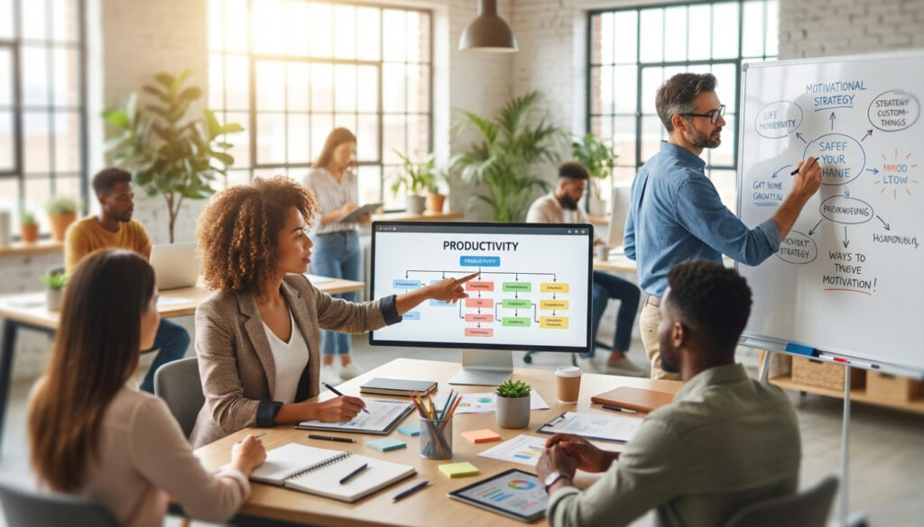 A bright and inspiring workspace featuring a diverse group of professionals collaborating on productivity hacks. In the foreground, a woman in smart casual attire points at a digital screen displaying a colorful flowchart of effective strategies, surrounded by notebooks and productivity tools. In the middle ground, a man wearing a crisp collared shirt and glasses is brainstorming ideas on a whiteboard filled with motivational quotes and diagrams. In the background, natural light floods the spacious office from large windows, casting soft shadows, and greenery from indoor plants enhances the atmosphere. The mood is uplifting and motivating, conveying a sense of teamwork and the embrace of practical approaches to achieving goals without perfectionism. The use of a slightly blurred lens effect adds focus to the dynamic interactions.