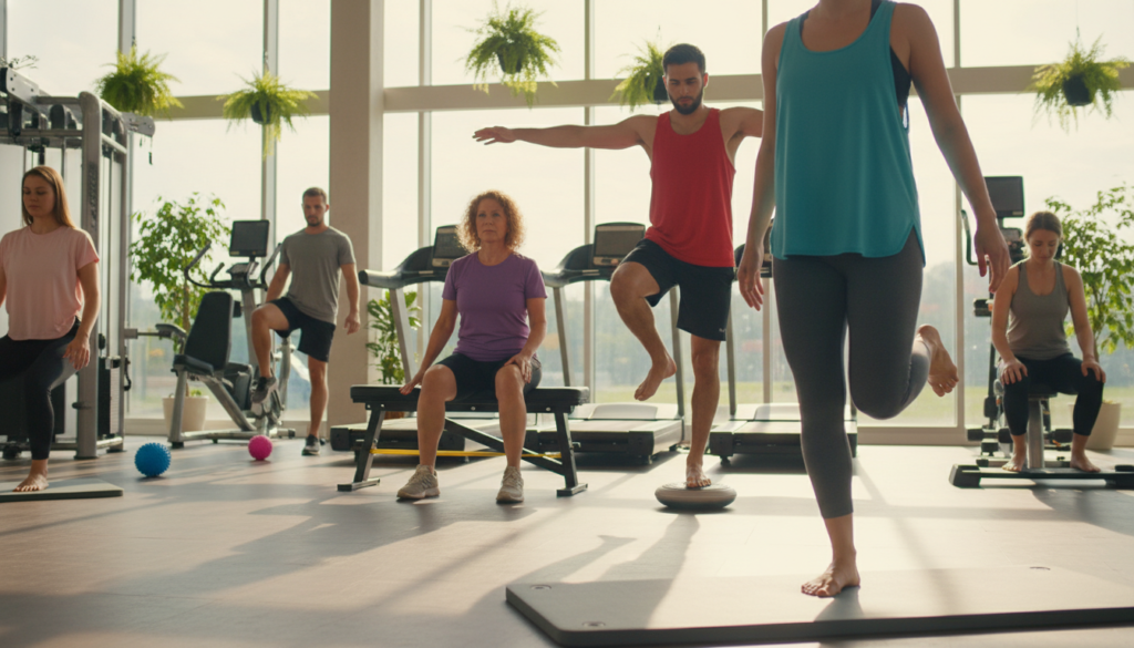 A bright and well-lit gym environment showcasing a diverse group of individuals performing various foot exercises. In the foreground, a focus on a person in modest athletic wear practicing toe raises on a soft mat, showcasing proper technique. The middle ground features others in a mix of backgrounds (such as a middle-aged woman stretching her arches and a young man balancing on one foot), creating a sense of community and shared purpose. In the background, large windows allow natural light to stream in, illuminating fitness equipment and green plants, suggesting a vibrant and inviting atmosphere. The mood is energizing and motivating, emphasizing health and wellness, with a warm color palette to enhance positivity.