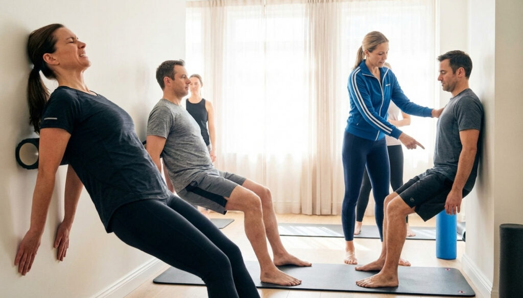 A bright, well-lit fitness studio showcasing several individuals practicing Wall Pilates. In the foreground, a woman demonstrates a common mistake by arching her back excessively while performing a wall roll-down, wearing modest athletic wear. Beside her, a man is improperly aligning his feet while doing a wall squat. In the middle ground, an instructor is attentively correcting a participant who is too far from the wall, emphasizing proper form and posture. The background wall reflects soft natural light, creating an inviting and motivating atmosphere. The image conveys a sense of learning and improvement, capturing the common mistakes and the importance of guidance in Wall Pilates practice.