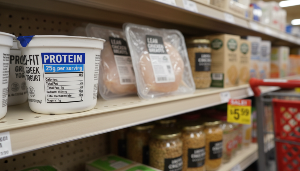 A close-up view of a detailed food label, prominently featuring protein information, with nutritional values highlighted. The label should be displayed on a well-lit, grocery store shelf filled with various food products, including protein-rich items like Greek yogurt, lean meats, and legumes. The background softly blurred to emphasize the label and its details. The lighting should be warm and inviting, enhancing the textures of the food packaging. Optional objects like a shopping cart or a price tag can be subtly integrated in the background. The scene conveys a sense of discovery and education, inviting viewers to learn more about how to read food labels effectively.