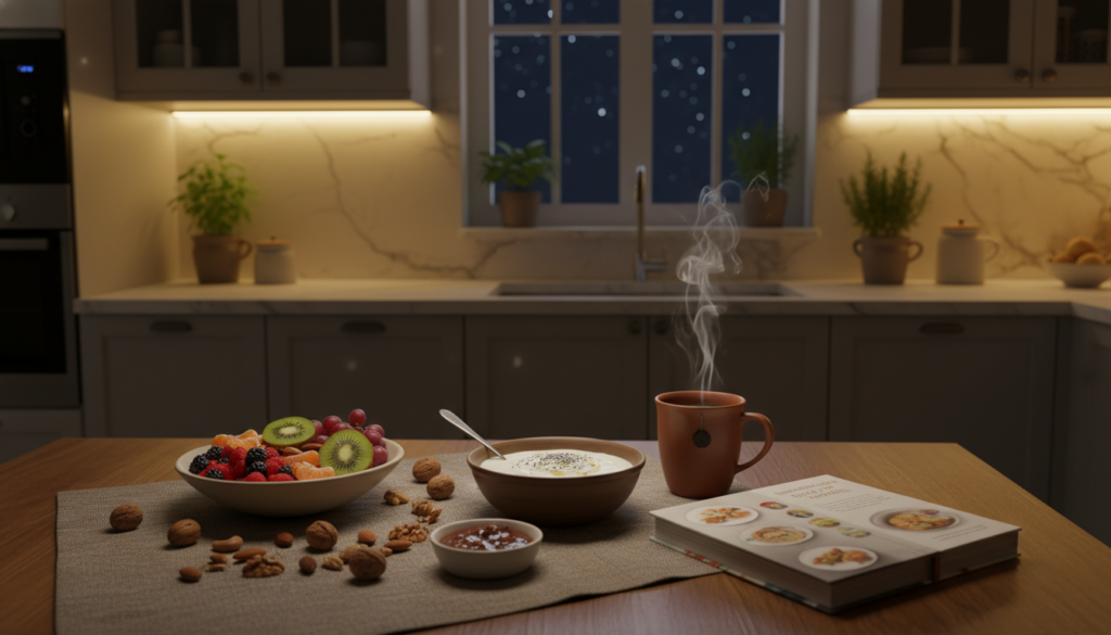A cozy, inviting kitchen at night, softly illuminated by warm, ambient light. In the foreground, a neatly arranged wooden table holds an assortment of healthy snacks: colorful fruits, nuts, and a bowl of yogurt, all artistically displayed on a rustic tablecloth. A steaming herbal tea sits beside a small, open cookbook that suggests healthy nighttime recipes. The middle ground reveals a gentle glow from under-cabinet lights illuminating the kitchen counter, which is accented by delicate potted herbs. In the background, a window shows a tranquil night sky sprinkled with stars. The atmosphere feels calm and relaxed, promoting a sense of comfort while encouraging mindful eating habits. The angle captures a warm, inviting ambiance, enticing viewers to rethink their nighttime snacking choices.