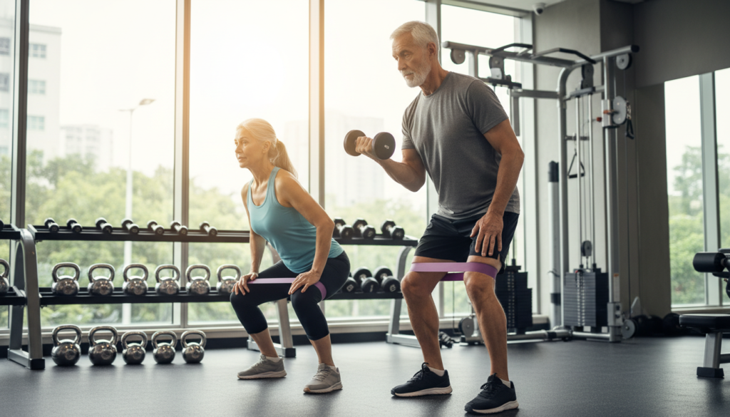 A modern gym setting with a focus on progressive resistance training. In the foreground, an older adult male and female, both dressed in modest athletic wear, are engaged in strength exercises using resistance bands and weights. The male is lifting a dumbbell with concentrated effort, while the female performs a steady squat with a resistance band. In the middle ground, a variety of fitness equipment, such as kettlebells and resistance machines, are neatly arranged. The background showcases large windows letting in warm, natural light, creating a bright and inviting atmosphere. The scene conveys a sense of dedication and vitality, emphasizing the importance of combating age-related muscle loss in a positive, inspiring manner.