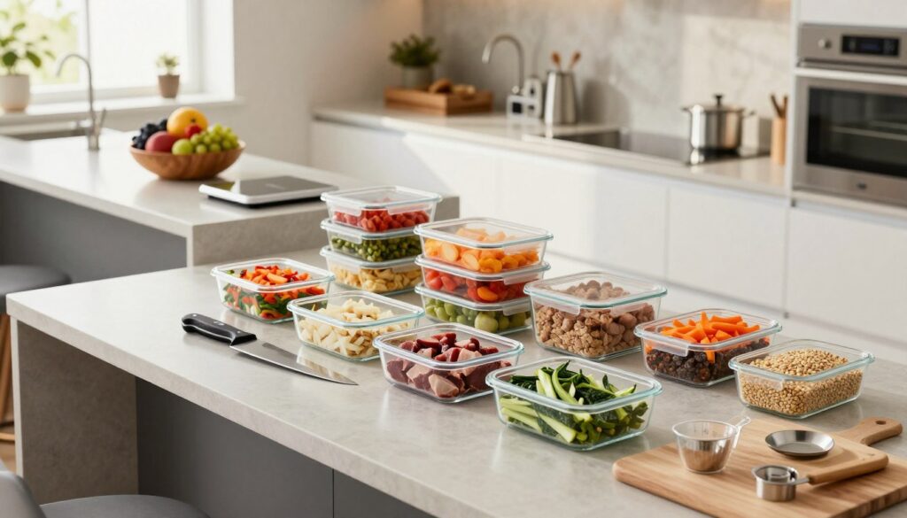 A modern meal prep kitchen setup featuring a spacious, well-organized countertop with glass storage containers filled with colorful, freshly chopped vegetables, lean proteins, and grains. In the foreground, a set of neatly arranged meal prep tools, including a sharp knife, cutting board, and measuring cups. The middle ground showcases a stylish island with a bowl of fruits and a large, sleek kitchen scale for portion control. The background reveals minimalist white cabinetry and stainless steel appliances reflecting warm, natural light streaming in from a nearby window. The atmosphere is calm and inviting, evoking a sense of order and efficiency, perfect for stress-free meal preparation. Captured from a slightly elevated angle to convey a comprehensive view of the entire setup. A modern meal prep kitchen setup featuring a spacious, well-organized countertop with glass storage containers filled with colorful, freshly chopped vegetables, lean proteins, and grains. In the foreground, a set of neatly arranged meal prep tools, including a sharp knife, cutting board, and measuring cups. The middle ground showcases a stylish island with a bowl of fruits and a large, sleek kitchen scale for portion control. The background reveals minimalist white cabinetry and stainless steel appliances reflecting warm, natural light streaming in from a nearby window. The atmosphere is calm and inviting, evoking a sense of order and efficiency, perfect for stress-free meal preparation. Captured from a slightly elevated angle to convey a comprehensive view of the entire setup.