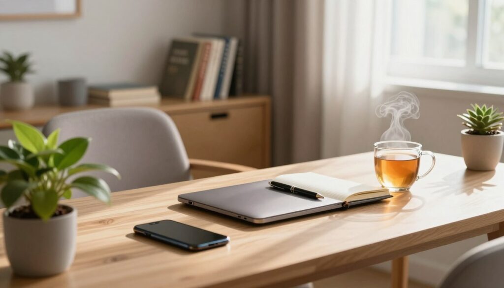 A serene and organized workspace set up for a digital detox, featuring a minimalist wooden desk with a closed laptop, a classic journal, and a stylish pen placed neatly beside a steaming herbal tea mug. In the foreground, a vibrant houseplant adds a touch of nature, while a smartphone is deliberately placed face down. The middle ground showcases a cozy armchair beside a warmly lit reading nook filled with several motivational and self-help books. The background is softly blurred, revealing an inviting window with gentle sunlight streaming through sheer curtains, casting soft, warm rays across the scene. The mood is peaceful and focused, conveying a sense of tranquility and readiness for a rejuvenating break from screens. The image should have soft, natural lighting to enhance the calming atmosphere. A serene and organized workspace set up for a digital detox, featuring a minimalist wooden desk with a closed laptop, a classic journal, and a stylish pen placed neatly beside a steaming herbal tea mug. In the foreground, a vibrant houseplant adds a touch of nature, while a smartphone is deliberately placed face down. The middle ground showcases a cozy armchair beside a warmly lit reading nook filled with several motivational and self-help books. The background is softly blurred, revealing an inviting window with gentle sunlight streaming through sheer curtains, casting soft, warm rays across the scene. The mood is peaceful and focused, conveying a sense of tranquility and readiness for a rejuvenating break from screens. The image should have soft, natural lighting to enhance the calming atmosphere.
