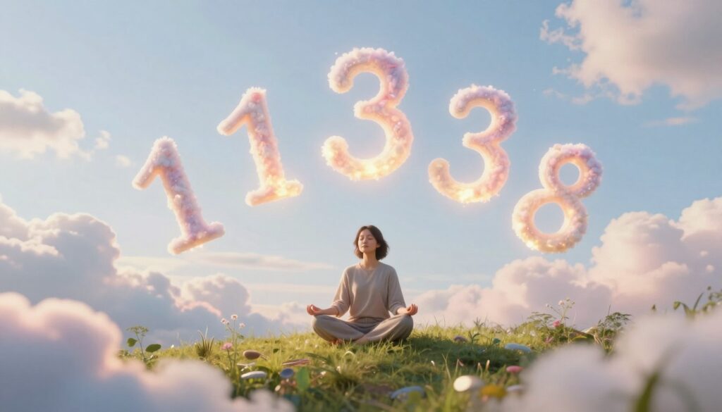 A serene and tranquil scene depicting angel numbers as symbols of mindfulness. In the foreground, whimsical angel numbers (like 111, 333, and 888) float gently through soft, pastel-colored clouds, radiating a gentle glow. In the middle, a person engaged in meditation sits cross-legged on a grassy hill, wearing modest casual clothing, eyes closed, surrounded by nature. In the background, a bright, clear sky with scattered ethereal clouds enhances the sense of peace. Warm sunlight filters through the scene, creating a magical ambiance. The overall mood is calm, reflective, and spiritually uplifting, inviting viewers to connect with the essence of mindfulness and the guidance offered by angel numbers. The composition is balanced with a slight depth of field, focusing on the meditator while the numbers float invitingly above.