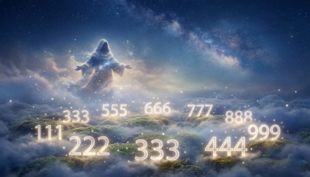 A serene, ethereal scene depicting the concept of angel numbers and their meanings. In the foreground, a collection of angel number sequences like 111, 222, and 333 elegantly arranged in a circular pattern, glowing softly with an ethereal light. In the middle ground, a gentle figure in modest, flowing attire represents spiritual guidance, surrounded by delicate wisps of clouds and shimmering stars, symbolizing clarity and connection to the divine. The background features a tranquil night sky filled with twinkling stars, creating a sense of peace and enlightenment. The lighting is soft and diffused, evoking a dreamlike atmosphere. Use a wide-angle lens to capture the expansive feeling of the cosmos, inviting viewers into this mystical experience.