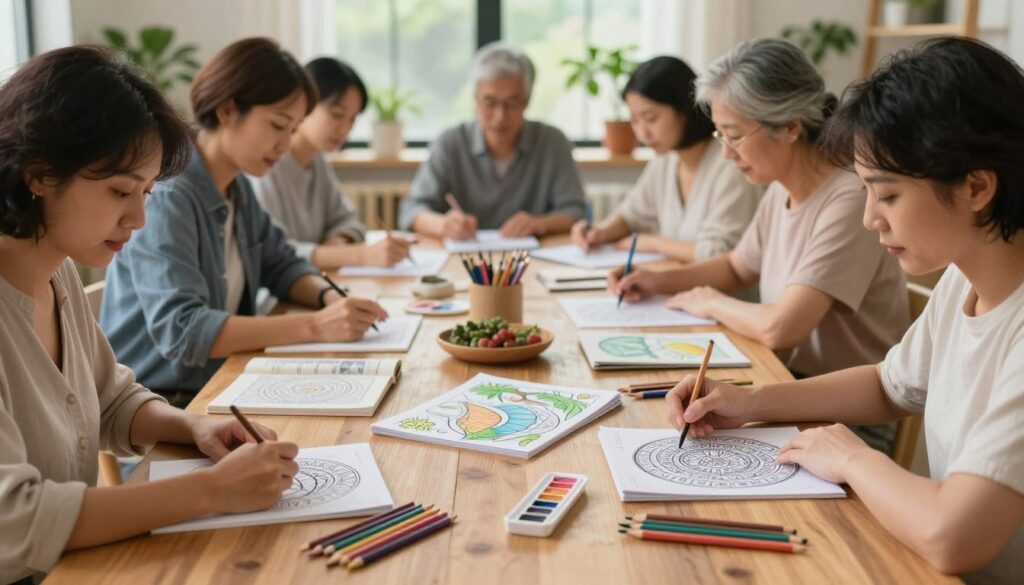 A serene indoor scene showcasing the concept of emotional hygiene through coloring. In the foreground, a diverse group of relaxed adults, dressed in comfortable, modest clothing, are engaged in coloring intricate mandalas and nature scenes in well-lit, cozy spaces. The middle section features a large wooden table scattered with various coloring books, colored pencils, and watercolor brushes, emanating creativity and tranquility. In the background, soft natural light filters through large windows adorned with plants, providing a calm, inviting atmosphere. The mood should exude peace and clarity, highlighting the therapeutic benefits of coloring as a method to clear mental clutter. Focus on soft, warm lighting to enhance the feeling of comfort and psychological well-being, captured with a slight depth of field to emphasize the act of coloring.