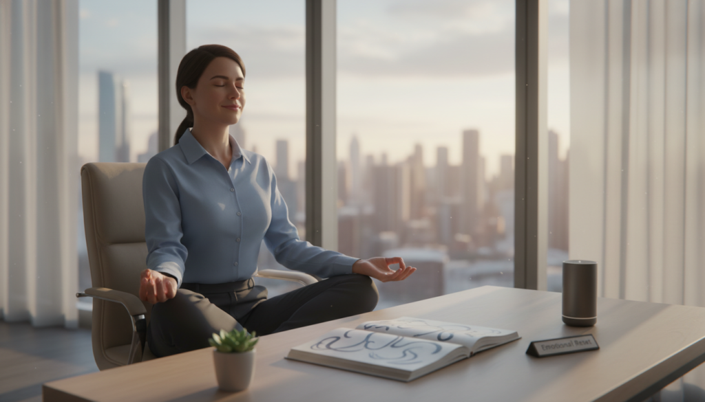 A serene office environment with a calm, focused individual practicing emotional regulation techniques at their desk. In the foreground, a person dressed in professional business attire sits cross-legged in a chair, eyes closed, with a gentle smile, illustrating a moment of mindfulness. The middle ground features a well-organized desk with stress-relief tools like a small potted plant and a journal open with calming doodles. The background shows large windows allowing soft, warm natural light to filter in, creating a peaceful atmosphere. The overall mood is tranquil and introspective, emphasizing the inner calm achieved through the "Emotional Reset" technique, framed in a soft-focus effect to enhance the sense of tranquility.