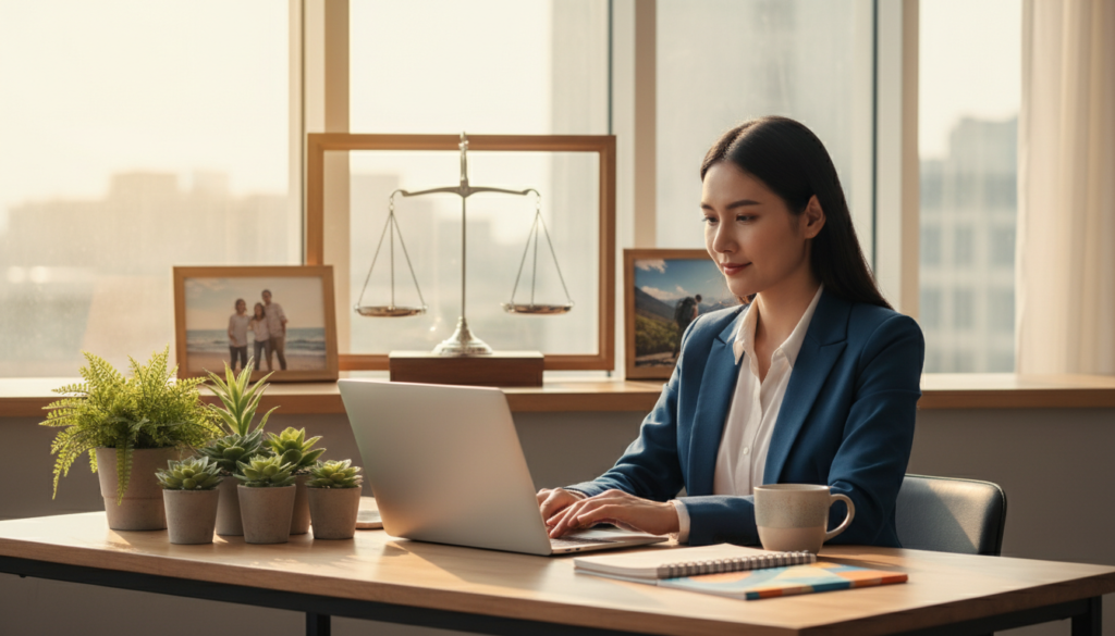 A serene office setting illustrating "career balance." In the foreground, a professional woman in business attire is engaging with a laptop while sitting at a well-organized desk filled with plants, a colorful notebook, and a coffee cup, radiating focus and productivity. In the middle ground, a framed balance scale symbolizes equilibrium, surrounded by images of family and travel, representing personal life. The background features large windows letting in warm, natural light, casting soft shadows, creating an inviting atmosphere. The overall mood is calm and inspiring, evoking a sense of mindfulness and a harmonious approach to work and personal life. The composition should be captured with a high-resolution lens to emphasize clarity and detail, maintaining a balance between professional responsibility and personal fulfillment.