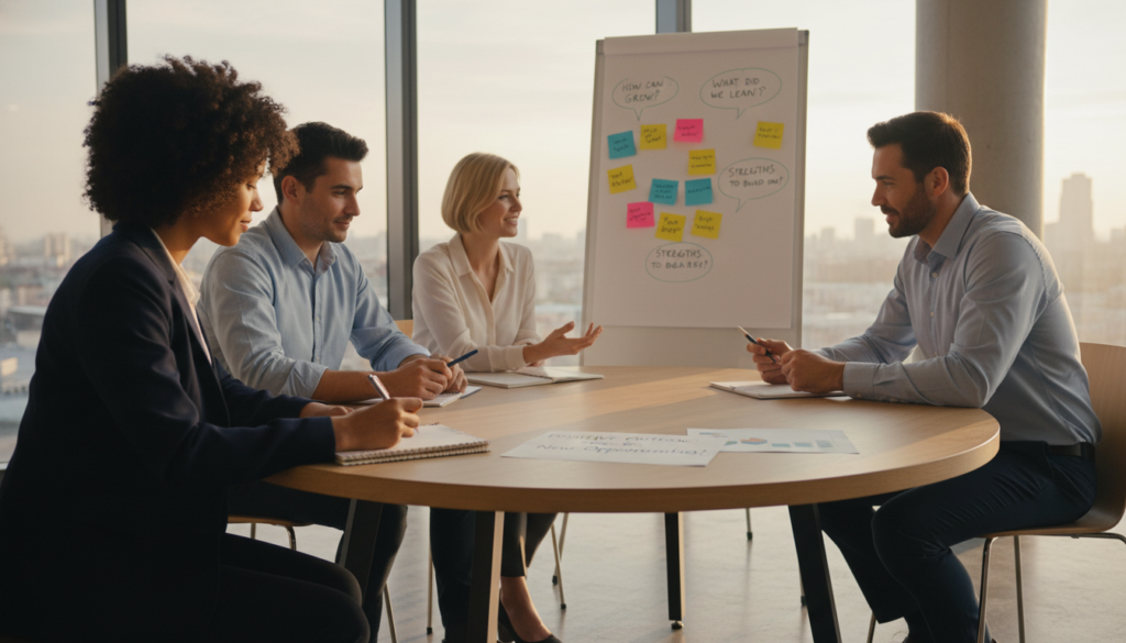 A serene, professional workspace featuring a diverse group of four individuals seated around a table, engaged in a constructive discussion. In the foreground, a woman in business attire pens down a positive perspective on a notepad, while a man in a smart casual shirt nods thoughtfully, showcasing cognitive reframing in action. The middle-ground showcases colorful sticky notes on a whiteboard, filled with growth-minded questions. The background features a large window allowing warm, natural light to fill the room, creating a bright and optimistic atmosphere. Soft shadows and warm color tones enhance the mood of collaboration and openness. Capture this moment with a wide-angle lens to emphasize the dynamic interaction and shared energy among the participants.