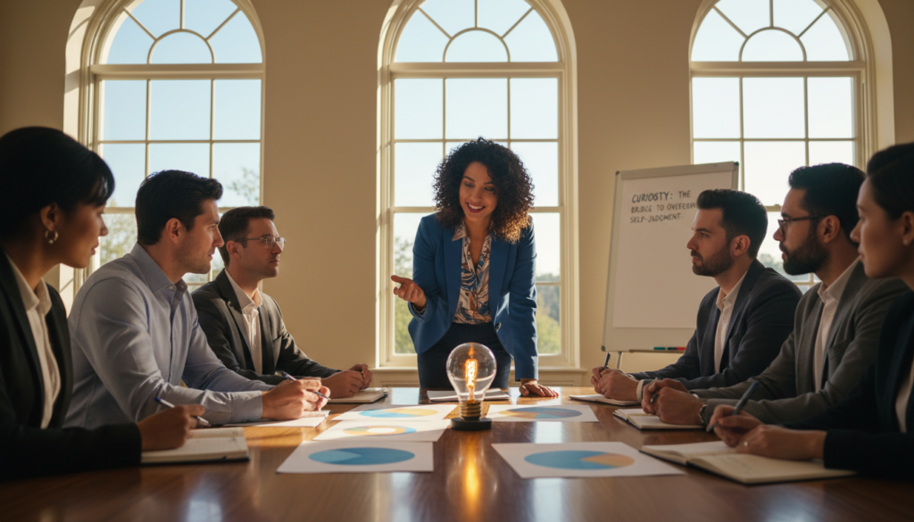 A serene scene depicting a diverse group of professionals engaged in a discussion around a large table, showcasing an atmosphere of curiosity and open-mindedness. In the foreground, a woman in smart casual attire leans forward with an inquisitive expression, surrounded by others who are attentively listening and taking notes. The middle ground features colorful charts and a glowing light bulb symbolizing innovative ideas. In the background, large windows let in warm, natural sunlight, illuminating the room with a soft glow, enhancing the inviting ambiance. The overall mood conveys a sense of teamwork and a healthy exchange of ideas, emphasizing the theme of overcoming self-judgment through the power of curiosity. Capture this using a wide-angle lens to highlight the collaborative environment.