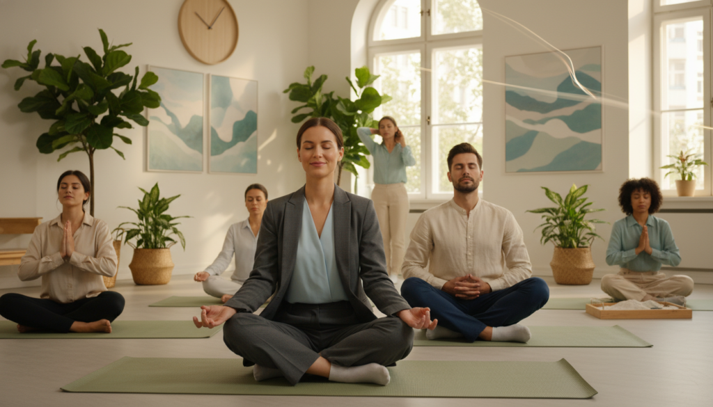A serene scene depicting a diverse group of professionals engaging in mindfulness techniques. In the foreground, a woman in business attire sits cross-legged on a yoga mat, eyes closed, and a gentle smile on her face, embodying peace. Next to her, a man in modest casual clothing practices deep breathing. The middle layer shows a tranquil indoor space with soft natural light filtering through large windows, plants, and calming artwork on the walls. In the background, a clock ticks gently, symbolizing the scarcity of time. The atmosphere is one of relaxation and focus, with warm, soft tones to convey a sense of calm amidst a busy day, inviting viewers to embrace micro-meditation in their daily lives.