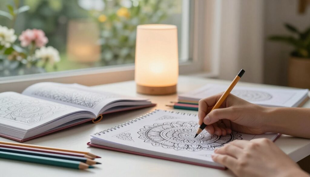 A tranquil indoor setting featuring a well-lit table overflowing with intricate coloring books and an array of colored pencils. In the foreground, a pair of hands gently coloring a detailed mandala pattern, showcasing focus and serenity. The middle ground captures a softly glowing lamp casting warm light on the workspace, enhancing the sense of calm. In the background, a peaceful scene through a window revealing a lush garden with blooming flowers and gentle sunlight filtering through the leaves. The mood is one of mindfulness and spiritual growth, promoting a sense of clarity and peace. Soft, natural light should bathe the entire scene, with a shallow depth of field to emphasize the act of coloring, creating an atmosphere of introspection and creativity.