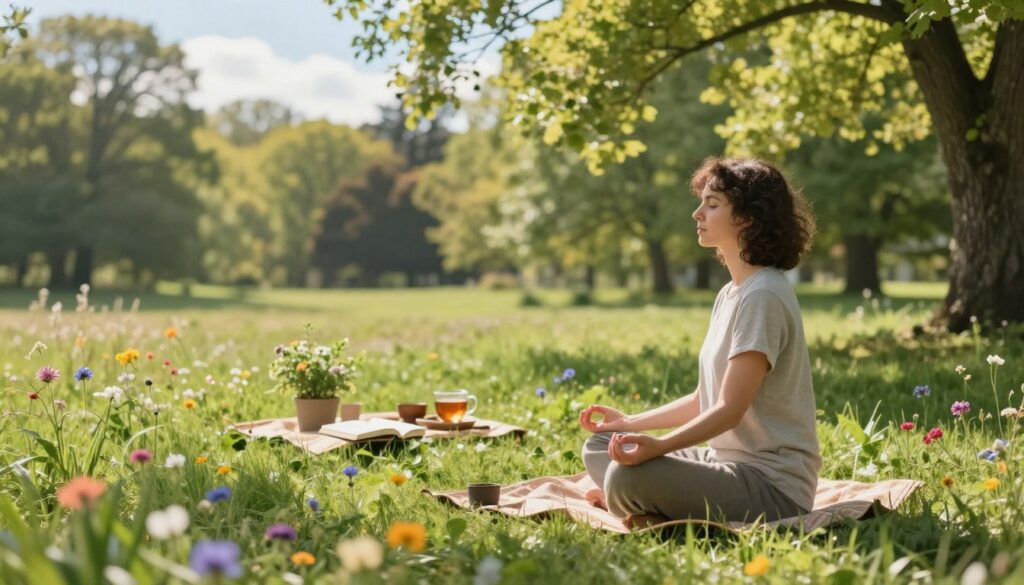 A tranquil scene depicting the benefits of a digital detox, featuring a serene outdoor space in the foreground with a person sitting cross-legged on a lush green lawn, deeply engaged in mindfulness meditation. The individual is dressed in comfortable, modest casual clothing, surrounded by colorful wildflowers and soft, gentle sunlight filtering through the trees, creating a warm and inviting atmosphere. In the middle background, a small picnic setup is arranged with a journal, herbal tea, and a few plants, symbolizing rejuvenation and reflection. The distant background reveals a peaceful forest, where vibrant foliage contrasts against a bright blue sky. The composition captures a sense of calm, clarity, and connection with nature, emphasizing the mental clarity achieved through digital detoxing. The lighting is soft and diffused, enhancing the tranquil mood of the image. A tranquil scene depicting the benefits of a digital detox, featuring a serene outdoor space in the foreground with a person sitting cross-legged on a lush green lawn, deeply engaged in mindfulness meditation. The individual is dressed in comfortable, modest casual clothing, surrounded by colorful wildflowers and soft, gentle sunlight filtering through the trees, creating a warm and inviting atmosphere. In the middle background, a small picnic setup is arranged with a journal, herbal tea, and a few plants, symbolizing rejuvenation and reflection. The distant background reveals a peaceful forest, where vibrant foliage contrasts against a bright blue sky. The composition captures a sense of calm, clarity, and connection with nature, emphasizing the mental clarity achieved through digital detoxing. The lighting is soft and diffused, enhancing the tranquil mood of the image.