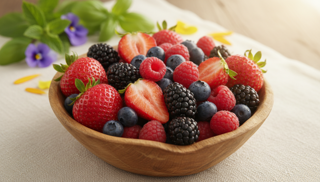 A vibrant assortment of fresh berries, including strawberries, blueberries, raspberries, and blackberries, gathered in a rustic wooden bowl placed on a light, textured linen tablecloth. In the foreground, the berries are the focal point, glistening with droplets of water to emphasize their freshness. In the middle background, soft-focus green leaves and some edible flowers create a natural, organic atmosphere. A gently diffused sunlight filters through, creating a warm and inviting glow, enhancing the vibrant colors of the berries. The angle of the shot is slightly above eye level, allowing for an inviting view of the berries while creating depth with the soft background. The overall mood is fresh, healthy, and energizing, perfect for illustrating the concept of anti-inflammatory foods.