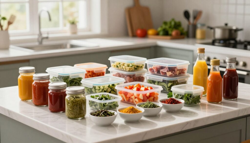 A visually appealing kitchen countertop filled with vibrant ingredients for healthy meal planning. In the foreground, a variety of colorful sauces and seasonings sit in neatly organized jars and small bowls, including fresh herbs, spices, and homemade dressings. The middle section showcases an array of chopped vegetables and lean proteins in meal prep containers, all arranged in a harmonious layout. In the background, soft natural light streams in through a large window, casting gentle shadows that create a warm and inviting atmosphere. The kitchen features modern utensils and a clean, tidy workspace, emphasizing a sense of order and creativity. The overall mood is calm and inspiring, encouraging viewers to embrace healthy cooking habits. A visually appealing kitchen countertop filled with vibrant ingredients for healthy meal planning. In the foreground, a variety of colorful sauces and seasonings sit in neatly organized jars and small bowls, including fresh herbs, spices, and homemade dressings. The middle section showcases an array of chopped vegetables and lean proteins in meal prep containers, all arranged in a harmonious layout. In the background, soft natural light streams in through a large window, casting gentle shadows that create a warm and inviting atmosphere. The kitchen features modern utensils and a clean, tidy workspace, emphasizing a sense of order and creativity. The overall mood is calm and inspiring, encouraging viewers to embrace healthy cooking habits.