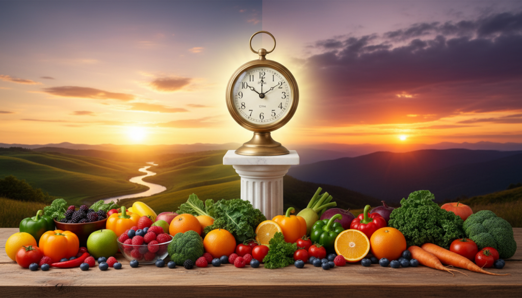 A visually engaging representation of a circadian rhythm eating schedule, depicting a sun rising and setting in a clear sky, symbolizing natural light cycles. In the foreground, include a well-organized fruit and vegetable spread, illustrating healthy foods that align with optimal eating windows. The middle ground can show an elegant clock, its hands pointing to specific meal times, surrounded by soft, glowing light to indicate transition periods. The background features a serene landscape with a sunrise and sunset, creating a warm, inviting atmosphere. Use natural, daylight colors to evoke a sense of well-being and harmony. The composition should be clean, balanced, and free of any text or distractions, emphasizing the importance of aligning meals with natural rhythms.