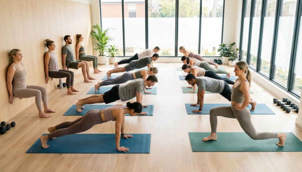 An isometric exercise routine scene set in a bright, modern fitness studio. In the foreground, a diverse group of individuals in modest athletic wear, displaying various isometric exercises such as wall sits, planks, and static lunges. Their expressions reflect focus and determination. In the middle, exercise mats are neatly arranged. The background shows large windows allowing natural light to flood the space, enhancing the cheerful atmosphere. Soft shadows add depth, while a vibrant color palette of greens and blues promotes a sense of calm and vitality. The angle is slightly elevated, capturing the full engagement of the participants and the inviting environment.