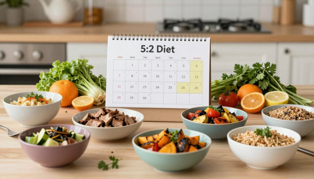 A beautifully arranged flat lay of a weekly meal plan for the 5:2 diet, showcasing a variety of healthy, vibrant dishes suitable for low-calorie fasting days. In the foreground, include colorful bowls filled with nutrient-rich foods like grilled vegetables, lean proteins, and whole grains. In the middle, feature a neatly organized calendar with labeled days highlighting fasting and feasting sections, surrounded by fresh ingredients like fruits and herbs. The background should be a softly lit kitchen setting, emphasizing a clean and modern look with earthy tones. Use warm, natural lighting to evoke a sense of positivity and motivation for healthy living. The scene should convey a balanced approach to diet, inspiring viewers to embrace the 5:2 method.