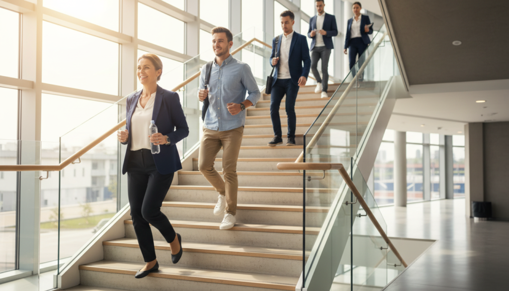 A bright, energetic indoor scene showcasing a diverse group of individuals actively taking the stairs in a modern office building. In the foreground, a middle-aged woman in professional business attire, smiling and energetically climbing the stairs while holding a water bottle. In the middle ground, a young man in smart casual clothing strides up the stairs, radiating motivation. The background features a sleek staircase with large windows allowing natural light to flood the space, illuminating the scene with a sense of vitality. The atmosphere is lively and engaging, emphasizing the importance of everyday movement for functional fitness. Soft bokeh effect to highlight the subjects while maintaining a crisp focus on their dynamic movements; captured from a slightly lower angle to enhance the sense of upward movement and energy. A bright, energetic indoor scene showcasing a diverse group of individuals actively taking the stairs in a modern office building. In the foreground, a middle-aged woman in professional business attire, smiling and energetically climbing the stairs while holding a water bottle. In the middle ground, a young man in smart casual clothing strides up the stairs, radiating motivation. The background features a sleek staircase with large windows allowing natural light to flood the space, illuminating the scene with a sense of vitality. The atmosphere is lively and engaging, emphasizing the importance of everyday movement for functional fitness. Soft bokeh effect to highlight the subjects while maintaining a crisp focus on their dynamic movements; captured from a slightly lower angle to enhance the sense of upward movement and energy.
