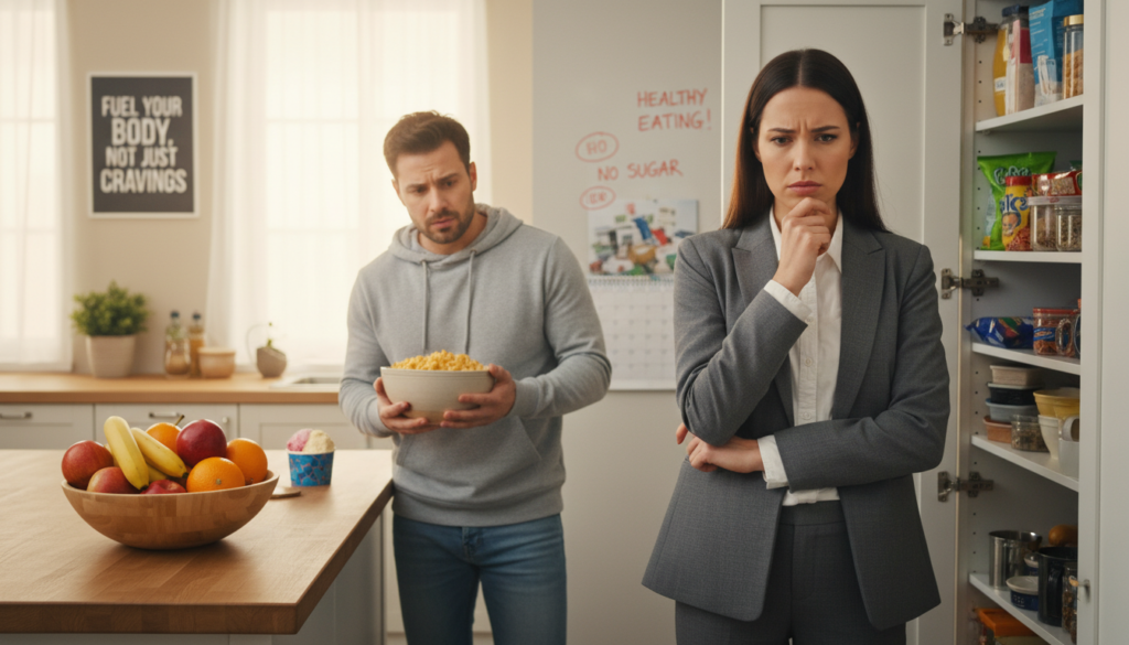 A diverse group of people in a cozy kitchen setting, each facing an emotional eating obstacle. In the foreground, a woman in professional attire gazes thoughtfully at an open snack pantry, contemplating choices. The middle ground features a man in casual clothing holding a bowl of comfort food, looking conflicted as he glances at a calendar with reminders about healthy eating. In the background, kitchen elements like a fruit bowl and a motivational poster on the wall subtly convey the struggle between hunger and habitual eating. Soft, warm lighting creates an inviting atmosphere, while a shallow depth of field focuses on the individuals' expressions, highlighting their emotional battles. Capture the mood of introspection and challenge without text or distractions. A diverse group of people in a cozy kitchen setting, each facing an emotional eating obstacle. In the foreground, a woman in professional attire gazes thoughtfully at an open snack pantry, contemplating choices. The middle ground features a man in casual clothing holding a bowl of comfort food, looking conflicted as he glances at a calendar with reminders about healthy eating. In the background, kitchen elements like a fruit bowl and a motivational poster on the wall subtly convey the struggle between hunger and habitual eating. Soft, warm lighting creates an inviting atmosphere, while a shallow depth of field focuses on the individuals' expressions, highlighting their emotional battles. Capture the mood of introspection and challenge without text or distractions.