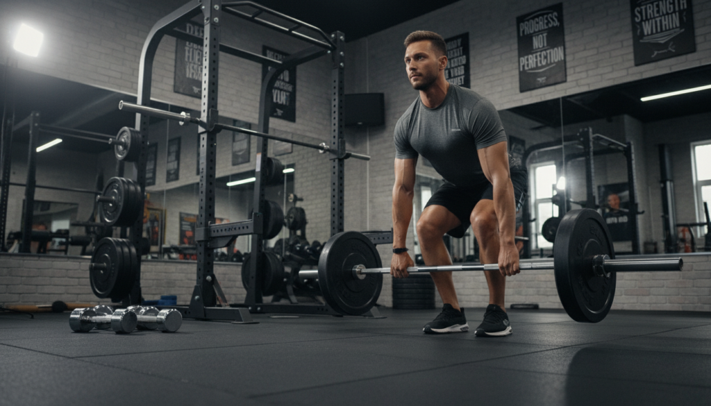 A focused and dynamic gym setting showcasing a fitness coach demonstrating proper deadlift form. In the foreground, the coach stands with a barbell at mid-shin level, demonstrating a neutral spine and engaged core, wearing a fitted athletic shirt and shorts. The middle area features gym equipment like weight plates and a squat rack, with a set of dumbbells and a mat nearby. In the background, subtle gym lighting highlights a well-organized space, with motivational posters on the walls. The overall mood is professional and instructional, emphasizing strength training and focus. The angle should be slightly low to capture the intensity of the lift, with soft shadows to create depth. A focused and dynamic gym setting showcasing a fitness coach demonstrating proper deadlift form. In the foreground, the coach stands with a barbell at mid-shin level, demonstrating a neutral spine and engaged core, wearing a fitted athletic shirt and shorts. The middle area features gym equipment like weight plates and a squat rack, with a set of dumbbells and a mat nearby. In the background, subtle gym lighting highlights a well-organized space, with motivational posters on the walls. The overall mood is professional and instructional, emphasizing strength training and focus. The angle should be slightly low to capture the intensity of the lift, with soft shadows to create depth.