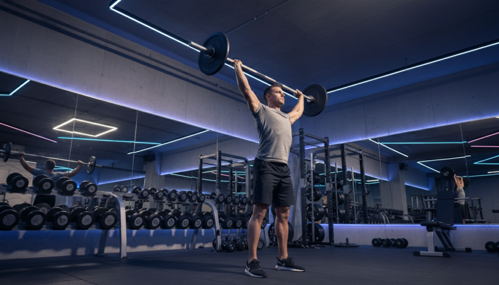 A focused image capturing the overhead press technique in a well-equipped gym. In the foreground, a fit individual, dressed in a modest athletic outfit, demonstrates perfect form while pressing a barbell overhead. Their muscles are defined, showcasing impressive shoulder development. The middle ground features gym equipment like dumbbells and weight plates, emphasizing strength training. In the background, large mirrors reflect gym aesthetics, and well-lit neon lights create a vibrant atmosphere. The angle is slightly low, providing a dramatic view of the lifter's form against the gym's dynamic environment, evoking determination and focus. Soft shadows play along the gym walls, framing the action without distraction, delivering a motivational vibe. A focused image capturing the overhead press technique in a well-equipped gym. In the foreground, a fit individual, dressed in a modest athletic outfit, demonstrates perfect form while pressing a barbell overhead. Their muscles are defined, showcasing impressive shoulder development. The middle ground features gym equipment like dumbbells and weight plates, emphasizing strength training. In the background, large mirrors reflect gym aesthetics, and well-lit neon lights create a vibrant atmosphere. The angle is slightly low, providing a dramatic view of the lifter's form against the gym's dynamic environment, evoking determination and focus. Soft shadows play along the gym walls, framing the action without distraction, delivering a motivational vibe.