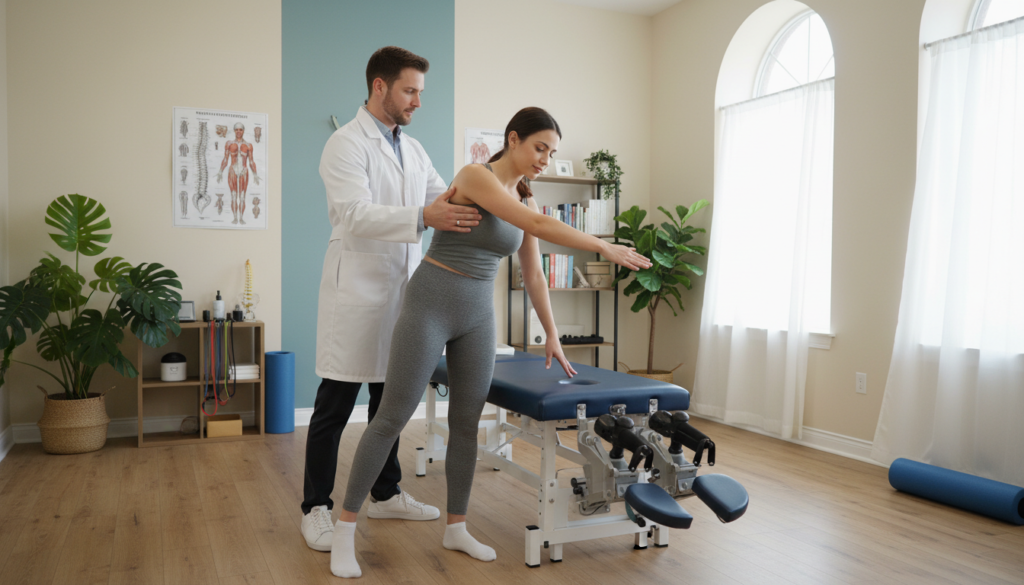 A professional chiropractic clinic setting, featuring a chiropractor in a tailored white coat and a patient in comfortable athletic wear, both engaged in a dynamic stretching exercise highlighting flexibility and range of motion. In the foreground, the chiropractor is gently assisting the patient in executing a spine-stretching maneuver. The middle ground showcases a clean, modern treatment area with chiropractic tools and anatomical charts on the walls. Soft, natural lighting streams in through large windows, creating a warm and inviting atmosphere. The background should include leafy potted plants and a calm color scheme, enhancing the serene environment dedicated to health and well-being. Capture this scene from a slight angle to emphasize movement and the connection between practitioner and patient, evoking a sense of trust and professionalism.