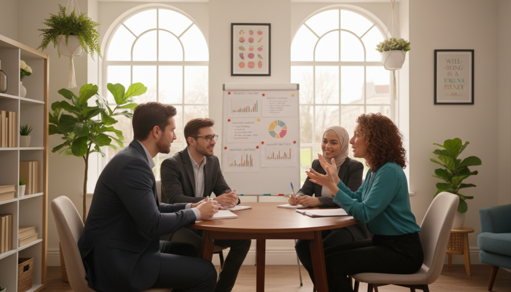 A professional setting depicting a small, diverse group of individuals, engaged in a supportive weight loss behavioral support meeting. In the foreground, a middle-aged woman in smart casual attire describes her goals passionately, while a younger man, dressed in business attire, listens attentively. The middle ground contains a large whiteboard filled with motivational charts and healthy lifestyle tips. In the background, soft, natural light streams through large windows, creating an inviting atmosphere. The room is warmly decorated with plants and visual aids promoting well-being. The overall mood is uplifting and encouraging, reflecting camaraderie and teamwork in achieving long-term weight loss success strategies.