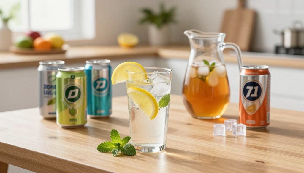 A refreshing scene featuring an array of zero-calorie beverages in a modern, minimalistic kitchen setting. In the foreground, showcase a clear glass filled with sparkling lemon-infused water, garnished with a slice of lemon and fresh mint leaves. Surrounding it, display a few colorful cans of various zero-calorie flavored sodas, arranged artistically. The middle ground includes a bright wooden table with a stylish pitcher of iced herbal tea, accented by delicate ice cubes that glisten in natural light. In the background, soft, warm lighting filters through a window, illuminating the fresh fruit and herbs on the countertop. The mood should feel uplifting and health-conscious, emphasizing vitality and wellness, perfect for conveying the benefits of mindful consumption during fasting periods.