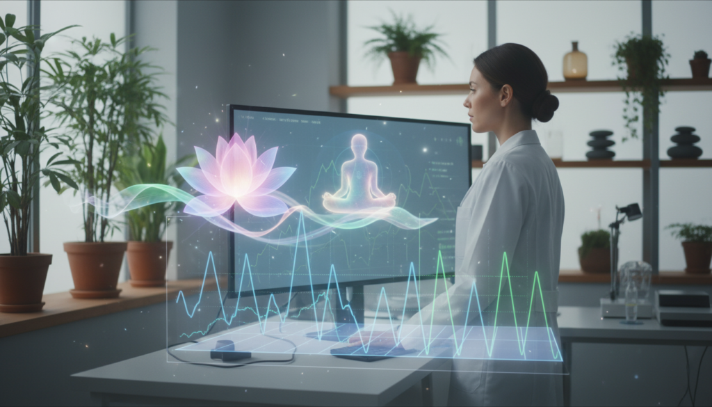 A serene and calming laboratory setting where a scientist, dressed in a white lab coat, examines a visual representation of cortisol levels on a digital screen. In the foreground, a graph displaying cortisol fluctuations is prominently featured, with vibrant colors like blue and green indicating low and high levels. In the middle ground, there are depictions of mindfulness meditation elements—a softly glowing lotus flower and a gentle silhouette of a meditating figure surrounded by soothing pastel colors. The background includes soft, diffused lighting, creating a tranquil atmosphere, with plants and calming decor subtly enhancing the serene environment. The overall mood is one of scientific discovery and inner peace, illustrating the connection between meditation and stress relief. A serene and calming laboratory setting where a scientist, dressed in a white lab coat, examines a visual representation of cortisol levels on a digital screen. In the foreground, a graph displaying cortisol fluctuations is prominently featured, with vibrant colors like blue and green indicating low and high levels. In the middle ground, there are depictions of mindfulness meditation elements—a softly glowing lotus flower and a gentle silhouette of a meditating figure surrounded by soothing pastel colors. The background includes soft, diffused lighting, creating a tranquil atmosphere, with plants and calming decor subtly enhancing the serene environment. The overall mood is one of scientific discovery and inner peace, illustrating the connection between meditation and stress relief.