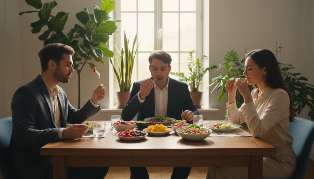 A serene and inviting scene depicting mindful eating in a softly lit, airy dining space. In the foreground, a diverse group of three individuals—one wearing smart casual attire and the others in professional business wear—are seated around a beautifully set wooden table filled with colorful, wholesome food like fresh fruits, vibrant salads, and whole grains. Their expressions reflect a calm focus as they engage with their meals, demonstrating awareness and appreciation. In the middle ground, a large window lets in warm, golden light, highlighting the natural textures of the food and the cozy ambiance. The background features lush green plants, enhancing the feeling of tranquility. The atmosphere is peaceful and nurturing, inviting viewers to reflect on the practice of being present with one’s food. A serene and inviting scene depicting mindful eating in a softly lit, airy dining space. In the foreground, a diverse group of three individuals—one wearing smart casual attire and the others in professional business wear—are seated around a beautifully set wooden table filled with colorful, wholesome food like fresh fruits, vibrant salads, and whole grains. Their expressions reflect a calm focus as they engage with their meals, demonstrating awareness and appreciation. In the middle ground, a large window lets in warm, golden light, highlighting the natural textures of the food and the cozy ambiance. The background features lush green plants, enhancing the feeling of tranquility. The atmosphere is peaceful and nurturing, inviting viewers to reflect on the practice of being present with one’s food.