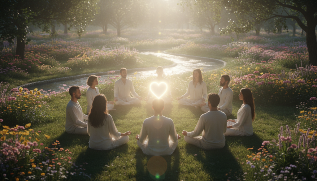 A serene and tranquil scene depicting an ethereal heart-centered visualization. In the foreground, a diverse group of people, dressed in modest casual clothing, are seated in a circle, eyes closed, in a meditative pose, embodying peace and compassion. In the middle of the image, a glowing heart symbol radiates warm, golden light enveloping the group, symbolizing compassion and love. The background features a lush garden with soft, colorful blossoms and gentle flowing water, enhancing the sense of harmony and connection. Soft sunlight filters through the trees, creating a serene atmosphere, with a slight lens flare to add magic. The overall mood is one of deep tranquility, unity, and spiritual awakening, inviting viewers to feel inspired and uplifted.