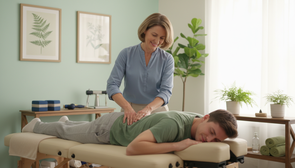 A serene chiropractic therapy setting, featuring a professional chiropractor assisting a patient with chronic pain management. In the foreground, the chiropractor, a friendly middle-aged woman in modest business attire, gently applies spinal adjustment techniques on the patient, a young man wearing a comfortable shirt and pants. The middle ground captures various chiropractic tools and a massage table, while the background reveals a calming environment with soft pastel-colored walls, plants, and natural light streaming through a window. The overall mood is tranquil and healing, conveying a sense of care and professionalism, with focus on the therapeutic process. Shot in soft focus with a warm light to enhance the inviting atmosphere.