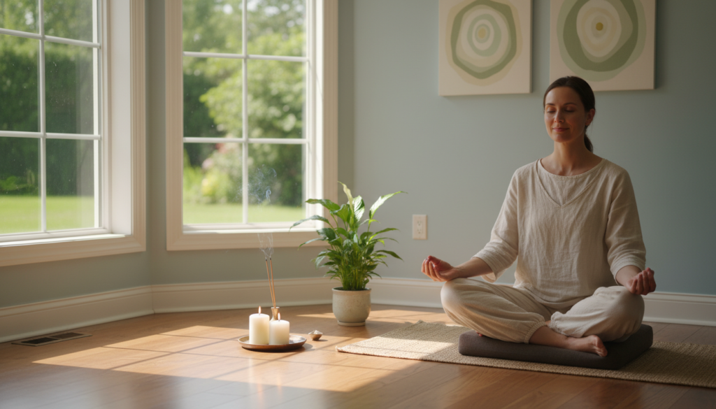 A serene indoor meditation space designed for beginners, featuring a cozy corner with natural light filtering through large windows, casting soft shadows on a wooden floor. In the foreground, a person sitting cross-legged on a yoga mat, wearing comfortable, modest clothing, with a peaceful expression, hands resting on their knees. The middle ground includes a small altar with candles, incense, and a potted plant, enhancing the atmosphere of tranquility. In the background, light pastel walls adorned with calming artwork, and a distant view of a lush, green garden outside, evoke a sense of connection to nature. The lighting is warm and inviting, creating a safe and calming space ideal for beginners embracing meditation. The overall mood is peaceful, focused, and encouraging, perfect for reducing stress and promoting mindfulness. A serene indoor meditation space designed for beginners, featuring a cozy corner with natural light filtering through large windows, casting soft shadows on a wooden floor. In the foreground, a person sitting cross-legged on a yoga mat, wearing comfortable, modest clothing, with a peaceful expression, hands resting on their knees. The middle ground includes a small altar with candles, incense, and a potted plant, enhancing the atmosphere of tranquility. In the background, light pastel walls adorned with calming artwork, and a distant view of a lush, green garden outside, evoke a sense of connection to nature. The lighting is warm and inviting, creating a safe and calming space ideal for beginners embracing meditation. The overall mood is peaceful, focused, and encouraging, perfect for reducing stress and promoting mindfulness.