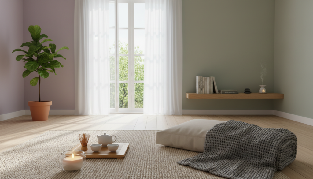 A serene indoor space dedicated to daily rituals for calm, featuring a well-organized meditation corner with a soft, woven rug and an elegant potted plant. In the foreground, a delicate bamboo tea set is placed next to a gently flickering candle, creating a warm atmosphere. A fluffy cushion and a cozy blanket invite relaxation. In the middle, an open window allows natural light to flood the room, casting soft shadows that enhance the tranquil scene. The background includes calming wall colors, perhaps in soft pastels, with minimalistic shelves displaying books on mindfulness and nature. Overall, the composition conveys a sense of peace and focus, evoking the soothing power of daily rituals. Natural lighting, a wide-angle lens captures the whole scene, promoting an inviting and calming ambiance. A serene indoor space dedicated to daily rituals for calm, featuring a well-organized meditation corner with a soft, woven rug and an elegant potted plant. In the foreground, a delicate bamboo tea set is placed next to a gently flickering candle, creating a warm atmosphere. A fluffy cushion and a cozy blanket invite relaxation. In the middle, an open window allows natural light to flood the room, casting soft shadows that enhance the tranquil scene. The background includes calming wall colors, perhaps in soft pastels, with minimalistic shelves displaying books on mindfulness and nature. Overall, the composition conveys a sense of peace and focus, evoking the soothing power of daily rituals. Natural lighting, a wide-angle lens captures the whole scene, promoting an inviting and calming ambiance.