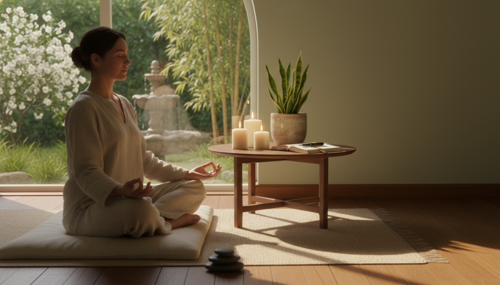 A serene indoor space designed for mindfulness meditation, featuring a person sitting cross-legged on a soft, plush mat in the foreground, dressed in comfortable, modest attire. The individual, with a calm and focused expression, is gently holding their hands in a meditative gesture. In the middle ground, a small table displays candles, a potted plant, and an open journal. Soft natural lighting filters through a large window, casting warm rays that softly illuminate the scene. In the background, a tranquil view of greenery or a peaceful garden is visible, contributing to a sense of harmony and tranquility. The overall atmosphere is serene and peaceful, evoking a sense of relaxation and focus ideal for establishing a sustainable mindfulness routine.