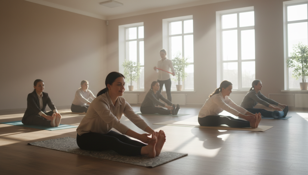 A serene indoor space designed for mobility work, featuring a diverse group of individuals engaging in various stretching and mobility exercises. In the foreground, a focused person is performing a seated forward fold on a yoga mat, showcasing a relaxed yet determined expression, dressed in comfortable, modest athletic wear. The middle ground displays others using resistance bands and foam rollers, demonstrating collaboration and support. The background reveals large windows allowing natural light to pour in, casting soft shadows around the room, enhancing the calm atmosphere. The overall mood is uplifting and motivational, emphasizing the importance of active recovery and mobility work for physical wellness. A serene indoor space designed for mobility work, featuring a diverse group of individuals engaging in various stretching and mobility exercises. In the foreground, a focused person is performing a seated forward fold on a yoga mat, showcasing a relaxed yet determined expression, dressed in comfortable, modest athletic wear. The middle ground displays others using resistance bands and foam rollers, demonstrating collaboration and support. The background reveals large windows allowing natural light to pour in, casting soft shadows around the room, enhancing the calm atmosphere. The overall mood is uplifting and motivational, emphasizing the importance of active recovery and mobility work for physical wellness.