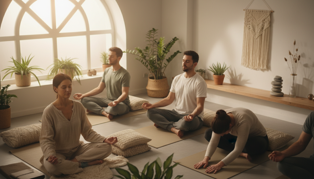 A serene indoor space reflecting mindfulness practices, featuring a diverse group of people sitting on yoga mats, engaged in meditation. In the foreground, a woman in modest, comfortable clothing is sitting cross-legged, eyes closed, radiating tranquility. The middle ground reveals two men practicing mindfulness with closed eyes, and a woman softly stretching, portraying focus. The background showcases gentle sunlight streaming through a large window, casting a warm glow over potted plants and calming decor. Soft textures and neutral colors create a soothing atmosphere, emphasizing a sense of peace and presence. The composition includes an overhead angle for a holistic view, highlighting the group's connection and intent to overcome common obstacles to being present. Natural lighting enhances the meditative ambiance of the scene.